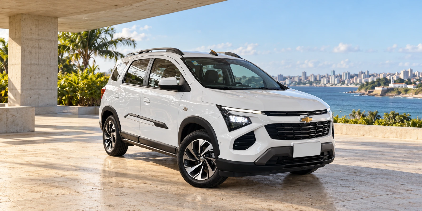 Perspectiva ilustrativa de um Chevrolet Spin em um cenário arquitetônico inspirado na Bahia